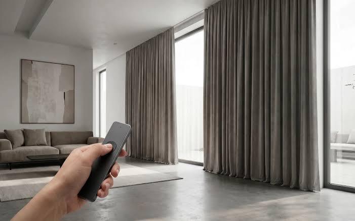 Remote control operating full-height motorised curtains in a living room