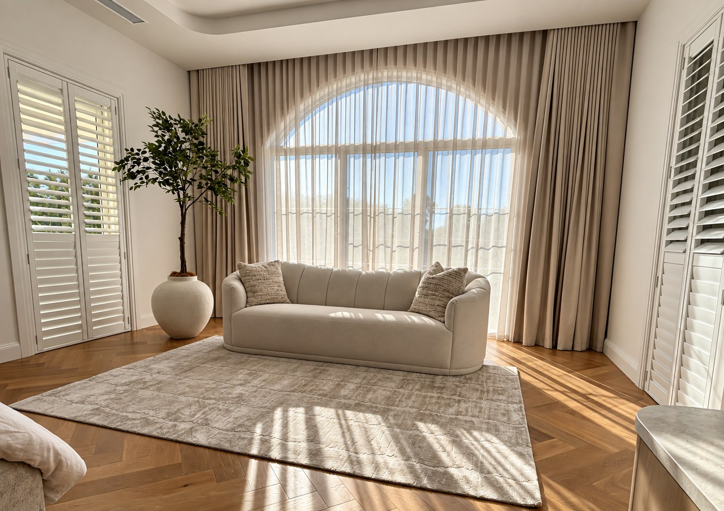 Whole-home window furnishing scheme with full-height curtains and plantation shutters